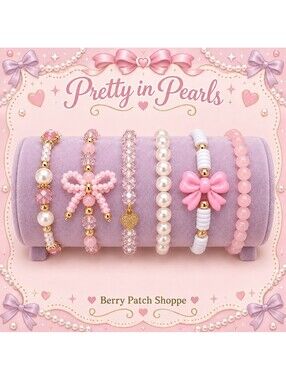 Coquette Valentine Lov Pink Bow Pearl Stackable Charm Bracelets